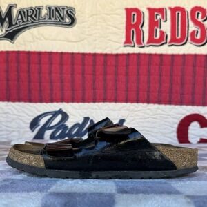 Size 40/W9/M7 - Birkenstock Womens Arizona Black SFB Birko Flor Narrow Sandals